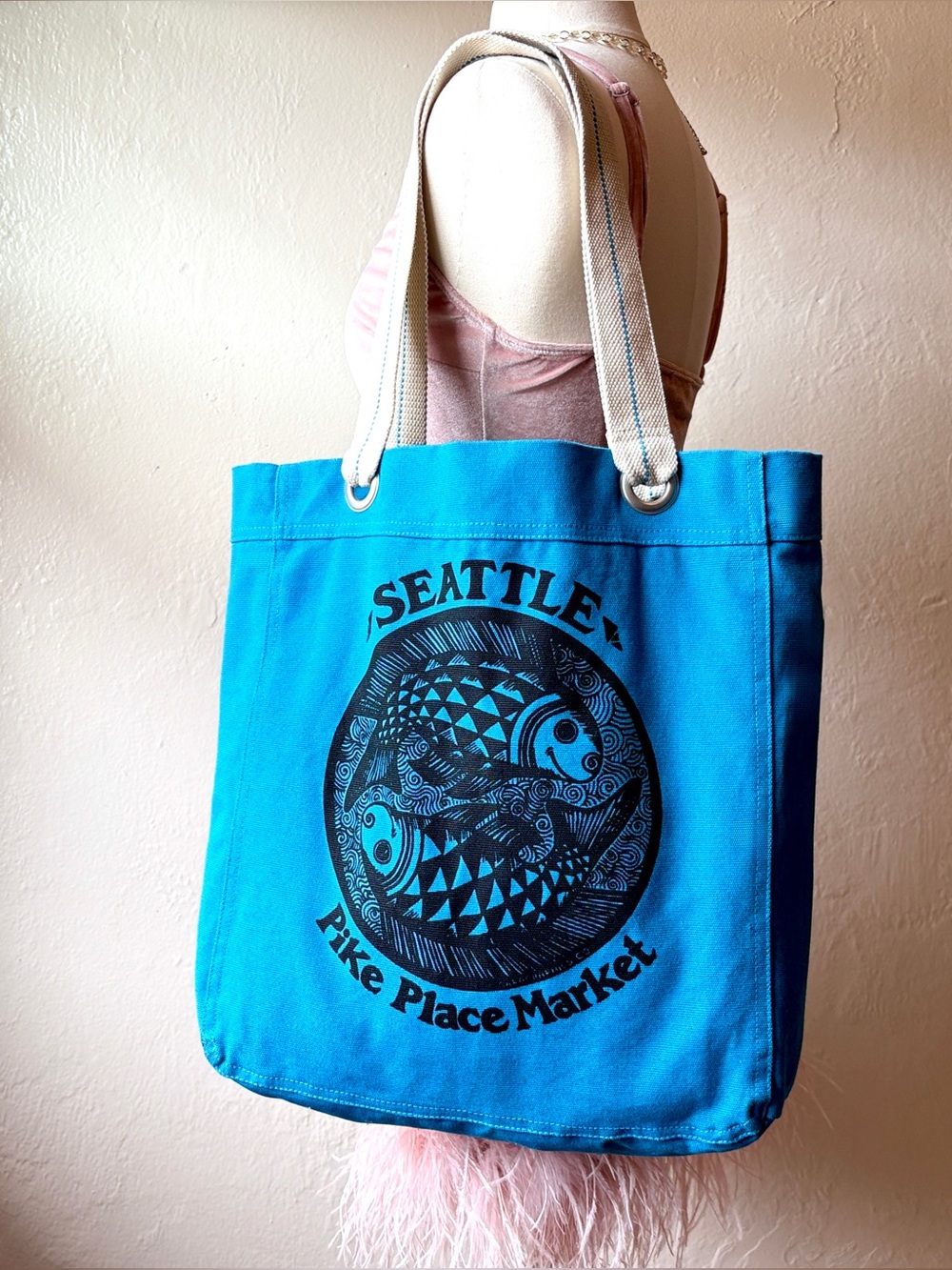 Vintage Y2K Seattle Pike Place Market Fish Teal Deluxe Canvas Tote Saragraphics